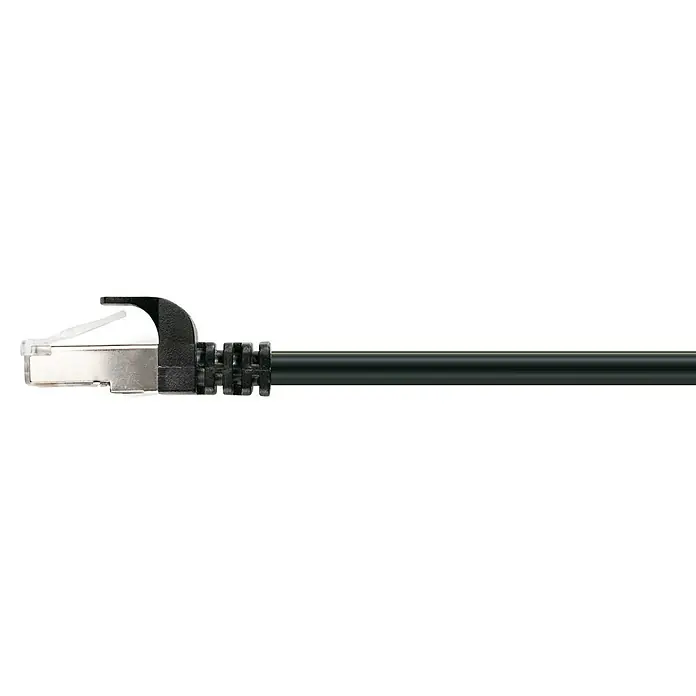 Schwaiger Netzwerk-Kabel - Länge: 1 m, Schwarz, RJ45-Stecker, Bis zu 1 GBit/s - Nahaufnahme eines schwarzen Ethernet-Kabels mit RJ45-Stecker, ideal für Netzwerkverbindungen und Datenübertragung.