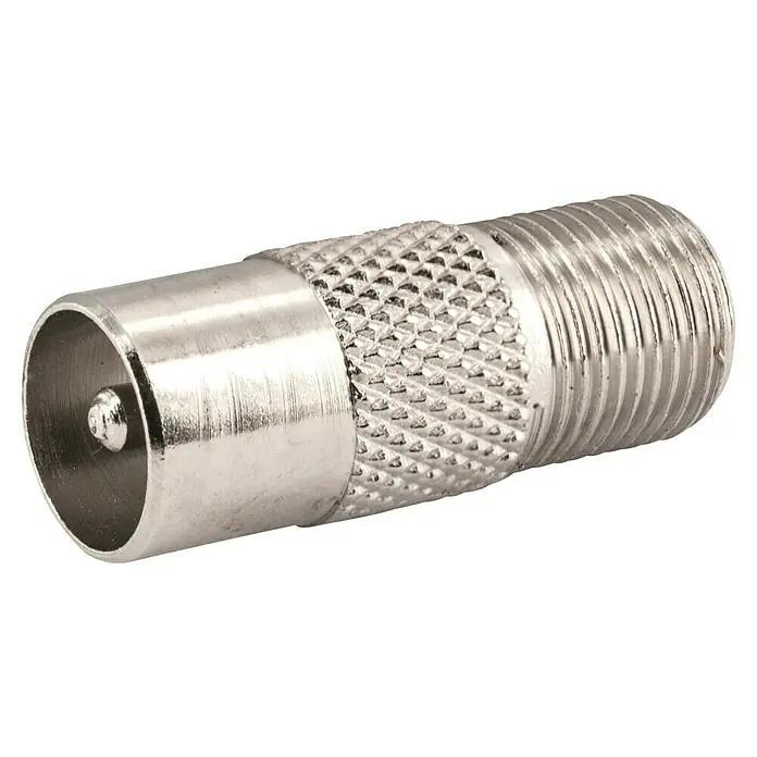 Schwaiger Koax-Adapter - F-Buchse, IEC-Stecker, 1 Stk. - Nahaufnahme eines silbernen F-Steckers für Koaxialkabel, der für Antennenanschlüsse verwendet wird. Detailreiche Darstellung der Gewinde und der Innenkonstruktion.
