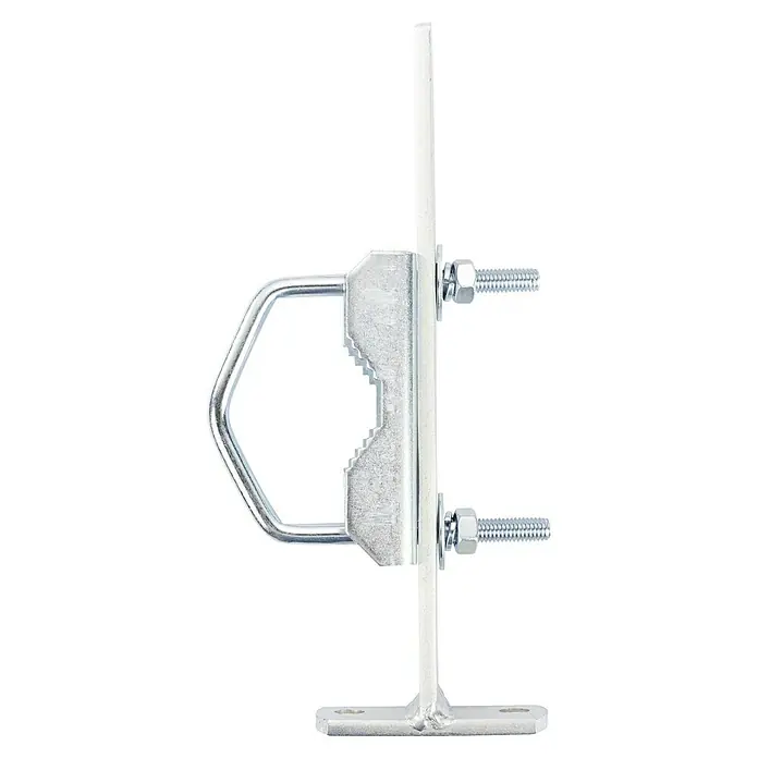 Schwaiger Abstandhalter - Rohre bis 60 mm Außendurchmesser, Verzinkt - Nahaufnahme einer robusten Halterung, ideal zur sicheren Befestigung von Antennen und Rohren. Die verzinkte Oberfläche sorgt für Langlebigkeit.