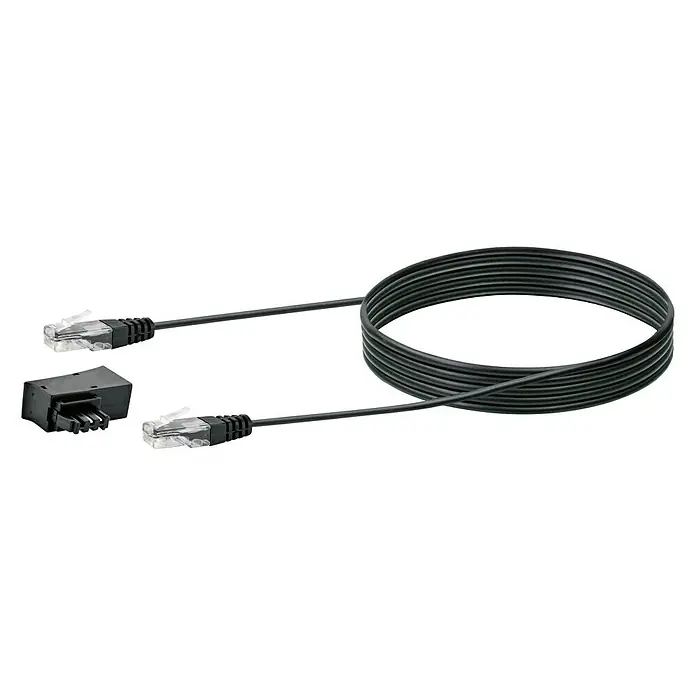 DSL-Anschlusskabel - RJ45-Stecker, 3 m, Schwarz - Schwarzes Netzwerkkabel mit zwei RJ45-Steckern und einem Adapter für zuverlässige Verbindungen im Netzwerk.