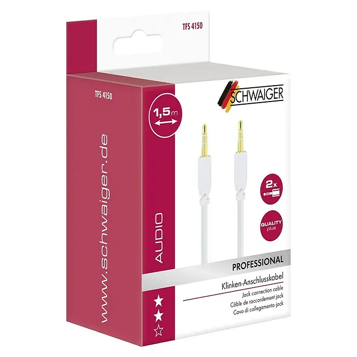 Schwaiger Audio-Kabel - 2 x Klinkenstecker 3,5 mm, 1,5 m, Vergoldete Kontakte - Abbildung einer Verpackung für ein Schwaiger Klinken-Anschlusskabel, professionell, 1,5 m Länge, für hochwertige Audioverbindungen.