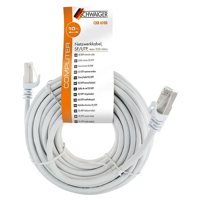 Schwaiger Netzwerk-Kabel - Länge: 10 m, Weiß, RJ45-Stecker, Bis zu 1 GBit/s - Ein 10 Meter langes, weißes Netzwerkkabel von Schwaiger, Modell CKB 6100, für Computer.