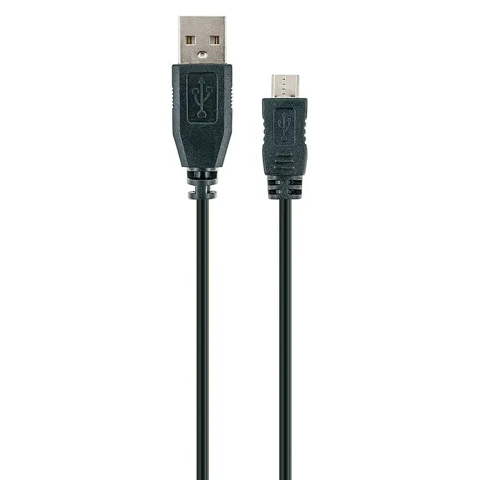 Schwaiger USB-Kabel 2.0 - 1,8 m, USB A-Stecker, USB Micro-B-Stecker, Schwarz - Bild eines schwarzen USB-Kabels mit einem Standard-USB-Anschluss an einem Ende und einem Micro-USB-Anschluss am anderen Ende.