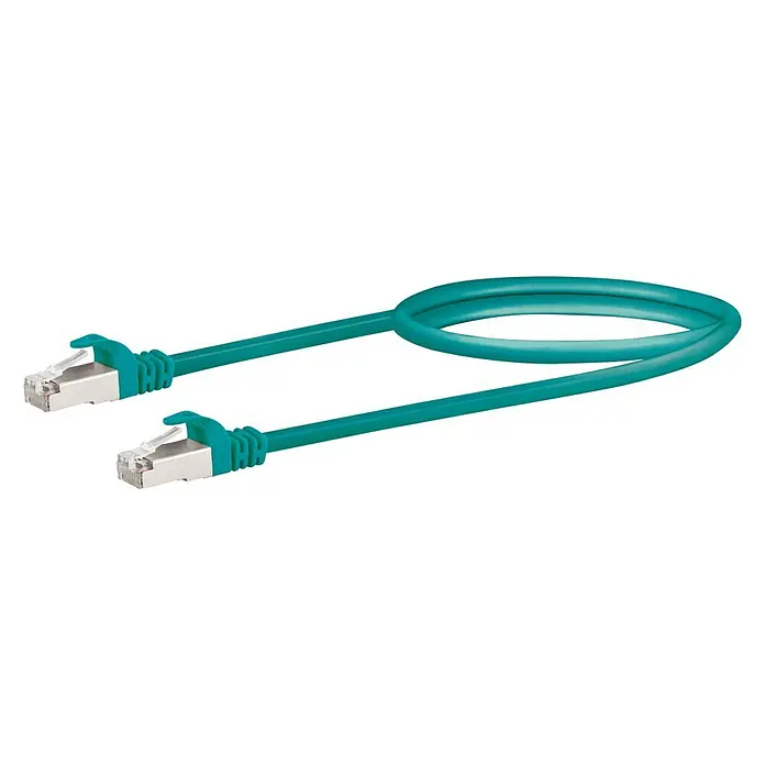 Schwaiger Netzwerk-Kabel - Länge: 0,5 m, Grün, RJ45-Stecker, Bis zu 1 GBit/s - Nahaufnahme eines grünen Ethernet-Kabels mit RJ45-Steckern an beiden Enden, das für Netzwerkverbindungen verwendet wird.