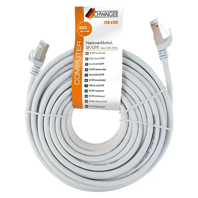 Schwaiger Netzwerk-Kabel - Länge: 20 m, Weiß, RJ45-Stecker, Bis zu 1 GBit/s - Ein weißes 20m langes SCHWAIGER CKB 6200 Netzwerkkabel SF/UTP, aufgerollt und mit zwei RJ45-Steckern.