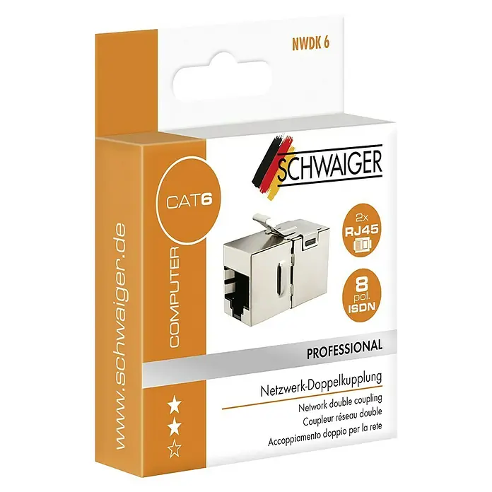 Schwaiger Verbinder Netzwerkkupplung - 2 x RJ45-Buchse, CAT6 - Abbildung einer Netzwerk-Doppelkupplung CAT6 von Schwaiger in der Verpackung.