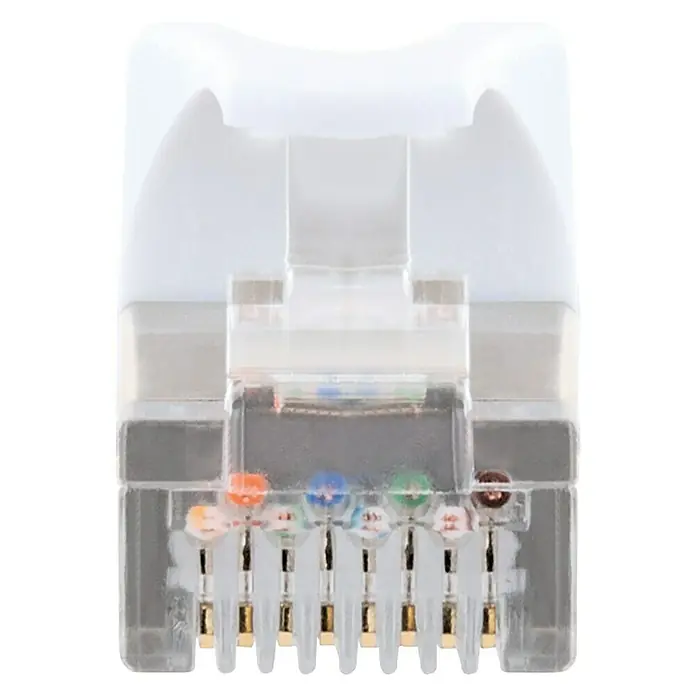 Schwaiger Netzwerk-Kabel - Länge: 10 m, Weiß, RJ45-Stecker, Bis zu 1 GBit/s - Nahaufnahme eines RJ45-Steckers für Ethernet-Kabel, der transparente Kunststoffdetails und farbcodierte Drähte zeigt. Geeignet für Netzwerkverbindungen.