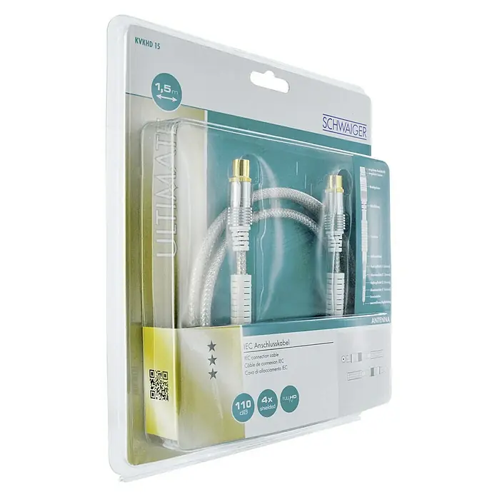Schwaiger Antennen-Anschlusskabel - 1,5 m, Transparent, 110 dB, Vergoldete Kontakte - Verpackte Schwaiger Antennenanschlusskabel mit IEC-Anschlüssen, 1,5 m Länge, 4-fach geschirmt und Full HD TV Unterstützung für beste Signalübertragung.