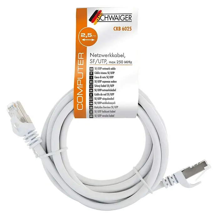 Schwaiger Netzwerk-Kabel - Länge: 2,5 m, Weiß, RJ45-Stecker, Bis zu 1 GBit/s - Abbildung eines weißen 2,5-Meter-SF/UTP-Netzwerkkabels von Schwaiger.