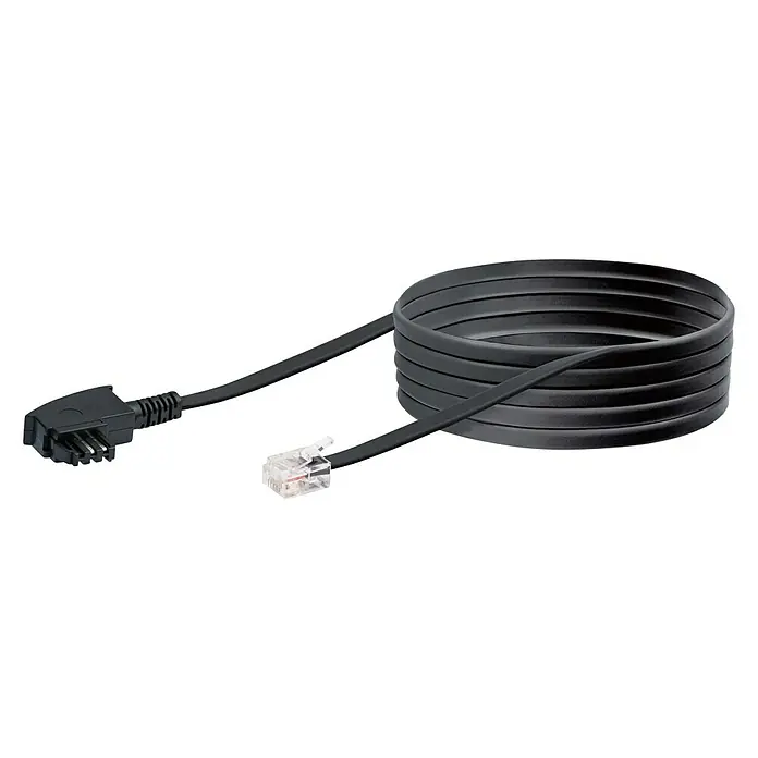 Schwaiger DSL-Anschlusskabel - 6 m, TAE-F-Stecker - Das Bild zeigt ein schwarzes, flaches Telefonkabel mit zwei verschiedenen Steckern an den Enden, einmal aufgerollt.