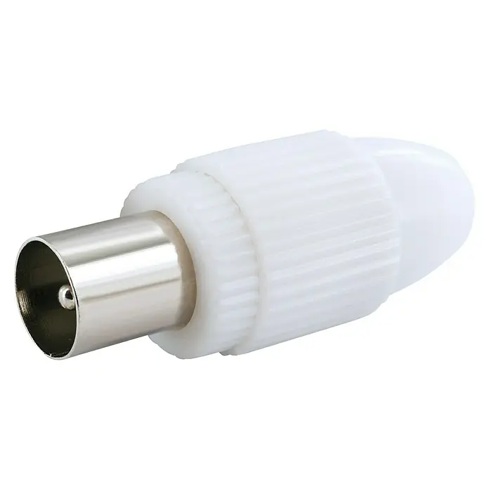Schwaiger Koax-Stecker - IEC-Stecker, Kunststoff, Schraubbare Innenleiter, 4 Stk. - Nahaufnahme eines weißen Koaxialkabelsteckers mit einem silbernen Anschlussstück und geriffelter Oberfläche.