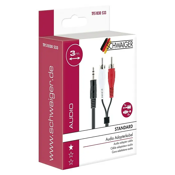 Schwaiger Adapterkabel - 3 m, 2 x Cinch-Stecker, 1 x Klinkenkupplung 3,5 mm, Schwarz, Weiß/Rot - Produktverpackung eines Audio-Adapterkabels (3,5 mm Klinke auf 2x Cinch) der Marke Schwaiger, ideal für Audioverbindungen.