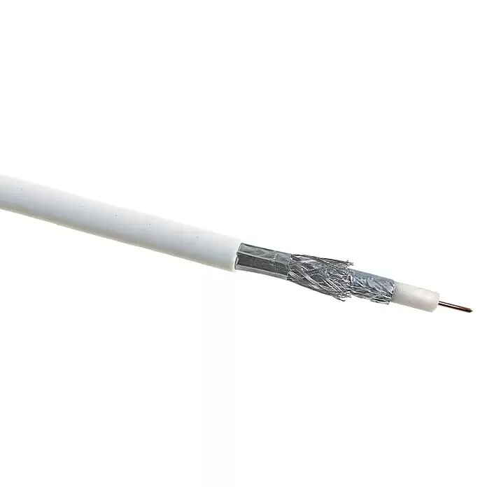 Schwaiger Koaxialkabel - 50 m, Weiß, Schirmungsmaß: 90 dB - Weißes Koaxialkabel mit freiliegenden Schichten: Außenmantel, Metallabschirmung, Dielektrikum und Kupferkern.