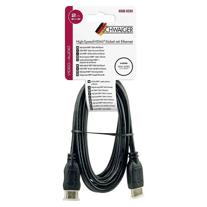 Schwaiger HDMI-Kabel - 2 m, Schwarz, 18 Gbit/s - Photo of a 2m Schwaiger High-Speed HDMI cable with Ethernet, perfect for high-resolution audio and video transmission.