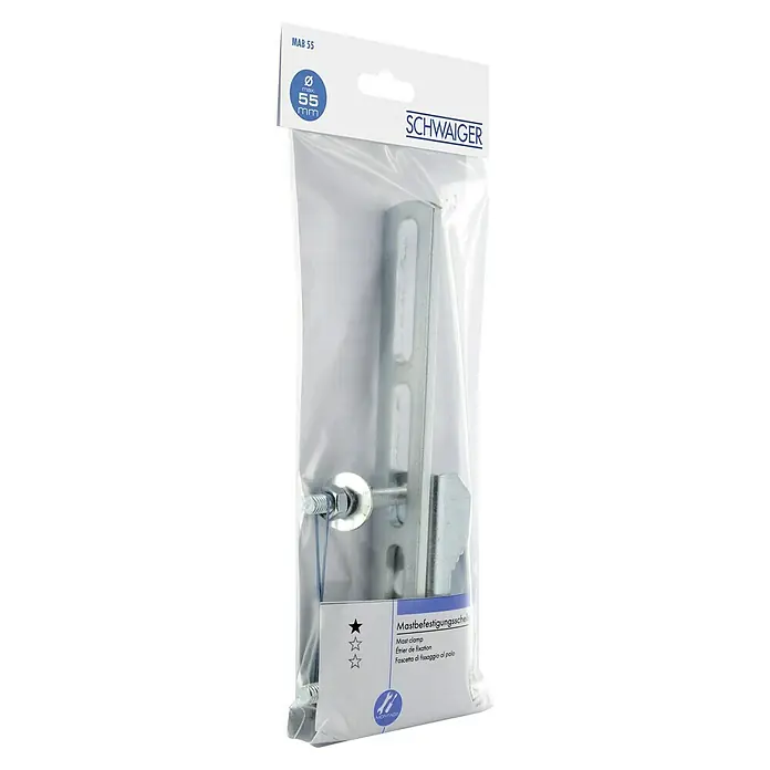 Schwaiger Abstandhalter - Rohre bis 60 mm Außendurchmesser, Verzinkt - Bild eines Mastbefestigungsschelle MAB 55 von Schwaiger, geeignet für Rohre bis 55 mm Durchmesser, verpackt in einer transparenten Plastiktüte.