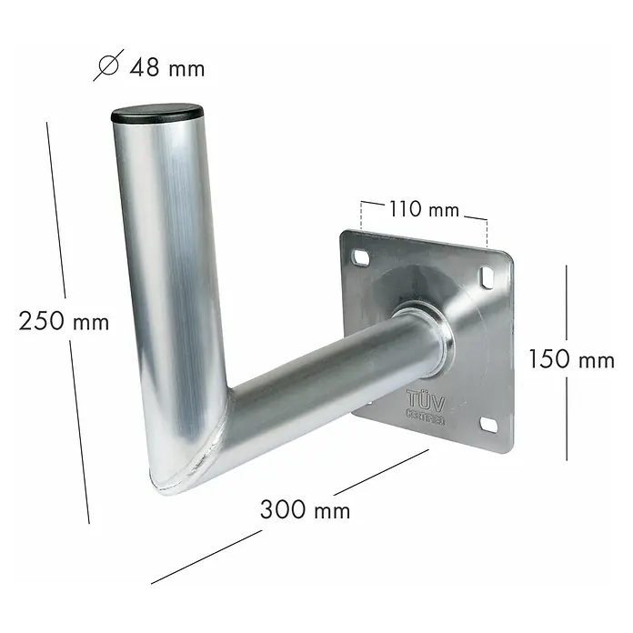 Schwaiger Winkelwandhalter - Wandabstand: 25 cm, Aluminium, Silber - Abbildung einer Antennenhalterung mit den Maßen 48 mm Durchmesser, 250 mm Höhe, 300 mm Länge und einer Plattenfläche von 110 x 150 mm.