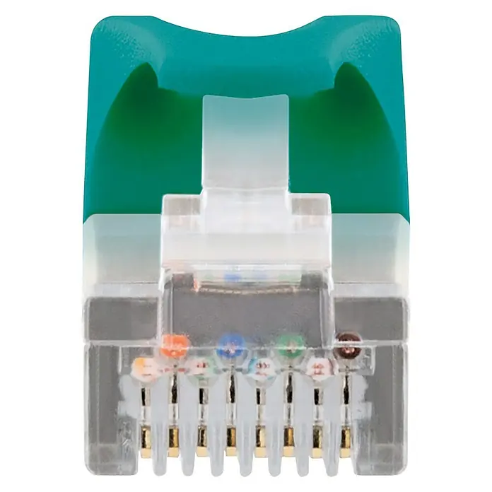 Schwaiger Netzwerk-Kabel - Länge: 0,5 m, Grün, RJ45-Stecker, Bis zu 1 GBit/s - Nahaufnahme eines RJ45-Steckers mit farbcodierten Adern für die Netzwerkverkabelung, ideal für Ethernet-Verbindungen.