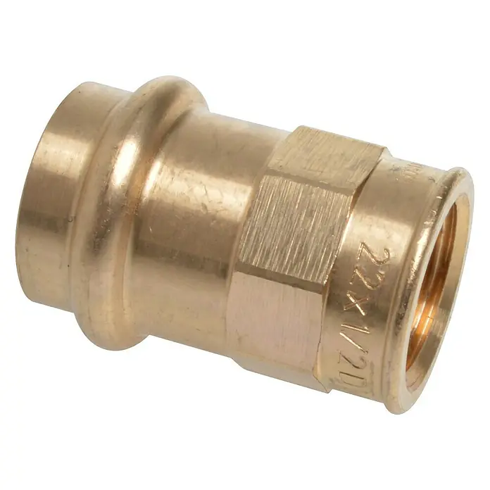 Press-Übergangsmuffe - Durchmesser: 22 mm, Innengewinde: ½″, Presskontur: V - Messing-Pressfitting mit Innengewinde, ideal für Sanitär- und Heizungsinstallationen. Robuste Ausführung für langlebige Verbindungen.
