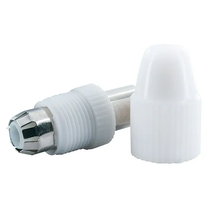Schwaiger Koax-Steckbuchse - IEC-Buchse, Kunststoff, Schraubbare Innenleiter, 4 Stk. - Das Bild zeigt eine Garniertülle mit Adapter und Verschluss. Die Tülle ist aus Metall und der Adapter aus weißem Kunststoff.