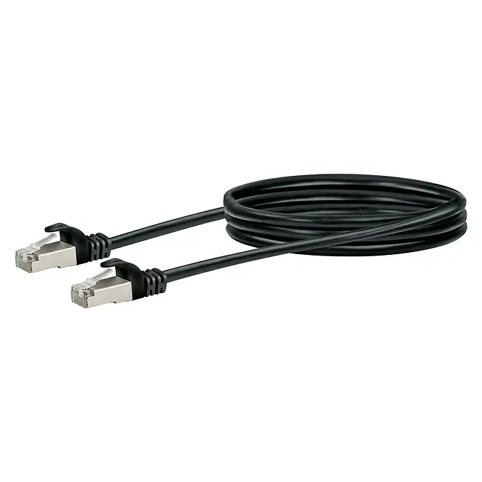 Schwaiger Netzwerk-Kabel - Länge: 2,5 m, Schwarz, RJ45-Stecker, Bis zu 1 GBit/s - Ein schwarzes Ethernet-Kabel mit RJ45-Steckern an beiden Enden, das auf einem schwarzen Hintergrund liegt.