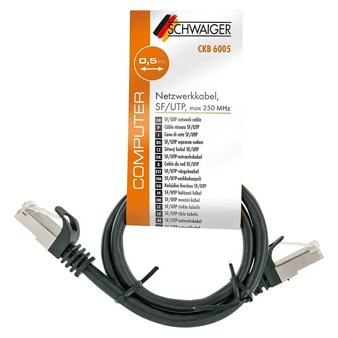 Schwaiger Netzwerk-Kabel - Länge: 0,5 m, Schwarz, RJ45-Stecker, Bis zu 1 GBit/s - Abbildung eines 0,5 m langen Schwaiger CKB 6005 SF/UTP Netzwerkkabels, das für schnelle Netzwerkverbindungen bis zu 250 MHz geeignet ist.