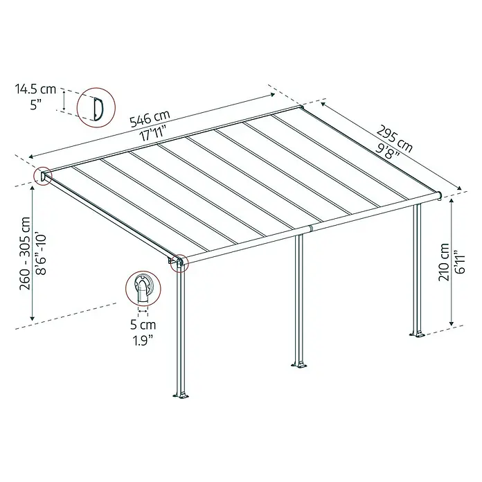 Palram – Canopia Terrassenüberdachung Olympia - B x T: 546 x 300 cm, Anthrazitgrau, Polycarbonat, Transparent - Abbildung einer Terrassenüberdachung mit Maßangaben zu Länge, Breite und Höhe in Zentimetern und Zoll für Bauplanung.