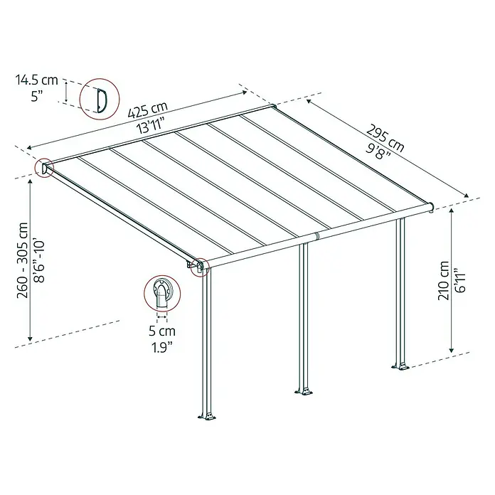 Palram – Canopia Terrassenüberdachung Olympia - B x T: 425 x 300 cm, Anthrazitgrau, Polycarbonat, Transparent - Technische Zeichnung des Terrassendachs mit Maßangaben zu Höhe, Breite und Details wie z.B. 210 cm Höhe.