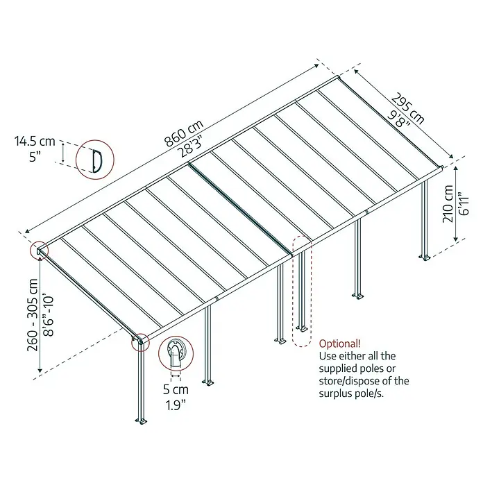 Palram – Canopia Terrassenüberdachung Olympia - B x T: 850 x 300 cm, Anthrazitgrau, Polycarbonat, Transparent - Abbildung eines Carports mit Maßangaben zu Höhe, Breite und Durchmesser der Pfosten in Zentimetern und Zoll.