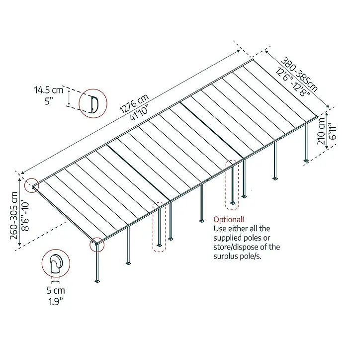 Solid Elements Terrassenüberdachung Martina - B x T: 1.276 x 400 cm, Verkehrsweiß, Polycarbonat, Transparent - Eine schematische Darstellung einer Terrassenüberdachung mit Maßangaben zu Länge, Breite und Höhe.