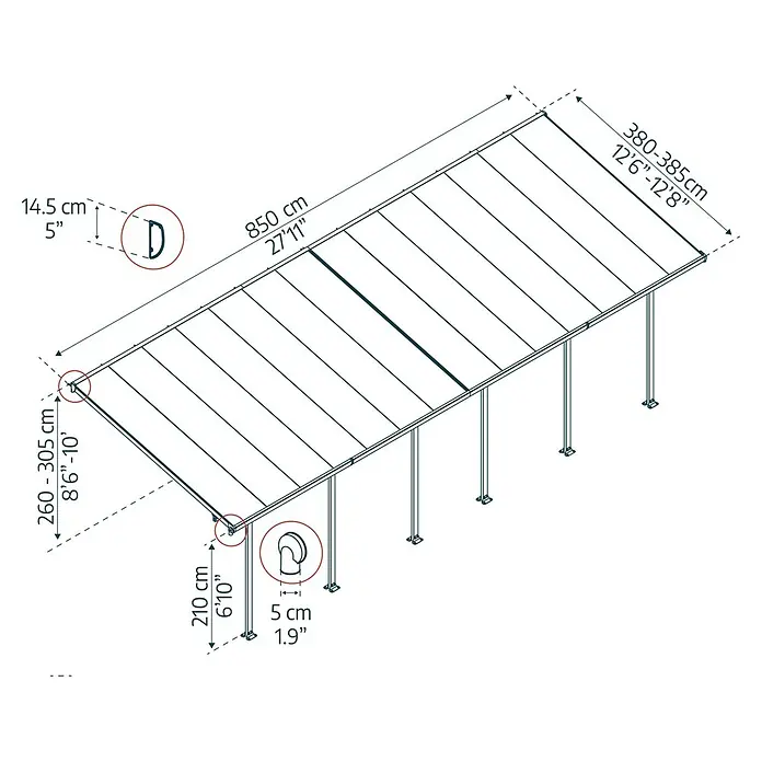 Solid Elements Terrassenüberdachung Martina - B x T: 850 x 400 cm, Anthrazitgrau, Polycarbonat, Transparent - Eine perspektivische Zeichnung eines Carports mit Maßangaben zu Länge, Breite und Höhe.