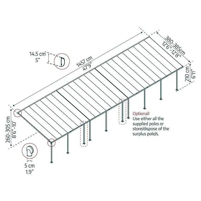 Solid Elements Terrassenüberdachung Martina - B x T: 1.457 x 400 cm, Verkehrsweiß, Polycarbonat, Transparent - Abbildung einer Terrassenüberdachung mit Maßangaben zu Höhe, Breite und Länge sowie Details zu Pfosten und Befestigung.