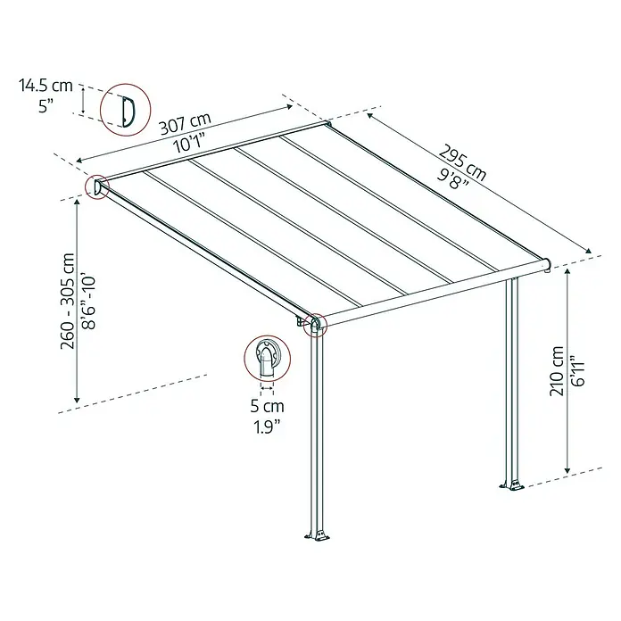 Palram – Canopia Terrassenüberdachung Olympia - B x T: 307 x 300 cm, Anthrazitgrau, Polycarbonat, Transparent - Technische Zeichnung einer Pergola mit Maßangaben zu Länge, Höhe und Details wie Eckverbinder und Befestigungen.