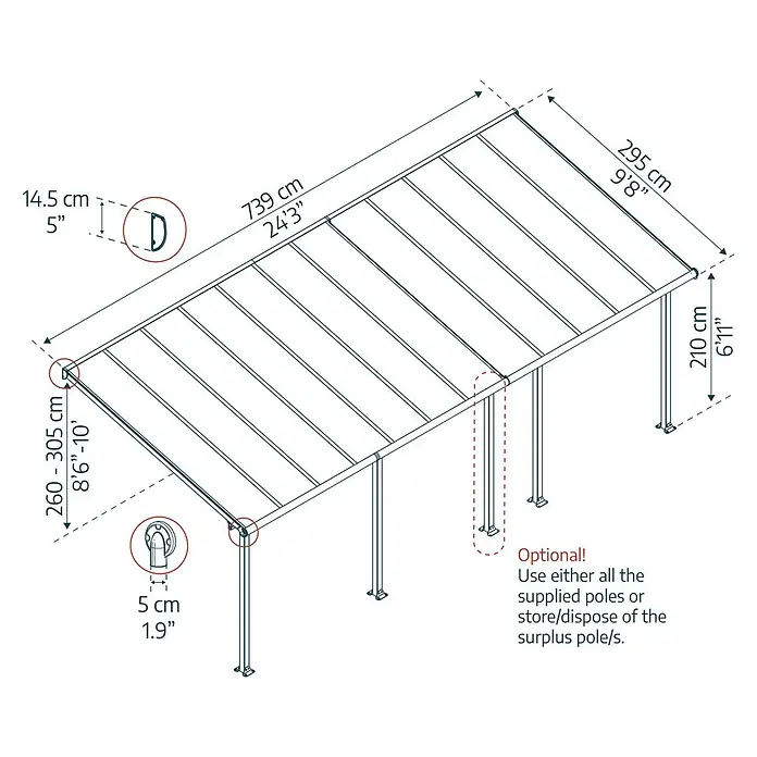 Palram – Canopia Terrassenüberdachung Olympia - B x T: 730 x 300 cm, Anthrazitgrau, Polycarbonat, Transparent - Abbildung einer Terrassenüberdachung mit Maßangaben zu Höhe, Breite und Tiefe in Zentimetern und Fuß.