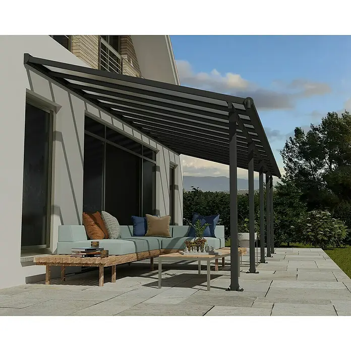 Palram – Canopia Terrassenüberdachung Olympia - B x T: 850 x 300 cm, Anthrazitgrau, Polycarbonat, Transparent - Moderne Terrassenüberdachung mit stilvollem Design und komfortabler Sitzgruppe, ideal für entspannte Stunden im Freien.