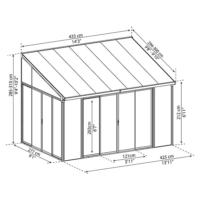 Palram – Canopia Wintergarten San Remo - B x T x H: 4,25 x 3 x 3,1 m, Anthrazitgrau - Technische Zeichnung eines Gewächshauses mit Maßangaben in Zentimetern und Fuß, die die Abmessungen verdeutlichen.