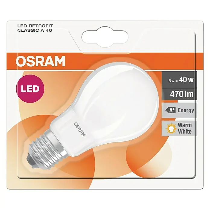 Osram LED-Lampe Glühlampenform E27 matt - E27, Nicht Dimmbar, Warmweiß, 470 lm, 4 W, Matt - Nahaufnahme der Verpackung einer Osram LED-Retrofit-Glühbirne Classic A 40, die Energieeffizienz und warmweißes Licht hervorhebt.