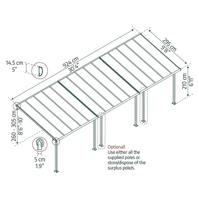 Palram – Canopia Terrassenüberdachung Olympia - B x T: 915 x 300 cm, Anthrazitgrau, Polycarbonat, Transparent - Abbildung eines Carports mit Maßangaben zu Länge (924cm), Breite (295cm) und variabler Höhe (260-305cm).