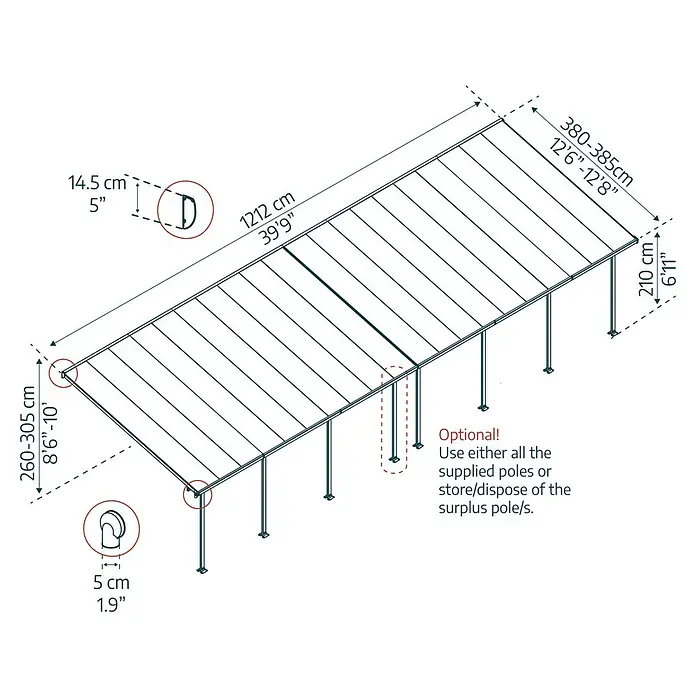 Solid Elements Terrassenüberdachung Martina - B x T: 1.212 x 400 cm, Verkehrsweiß, Polycarbonat, Transparent - Abbildung einer Terrassenüberdachung mit Maßangaben zu Länge, Breite und Höhe der Konstruktion, sowie Details zur Montage.