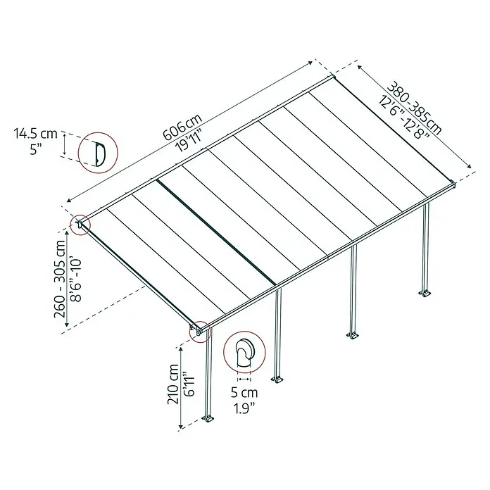 Solid Elements Terrassenüberdachung Martina - B x T: 606 x 400 cm, Anthrazitgrau, Polycarbonat, Transparent - Technische Zeichnung eines Carports mit Bemaßungen, einschließlich Länge, Breite und Höhe, in Zentimetern und Fuß.