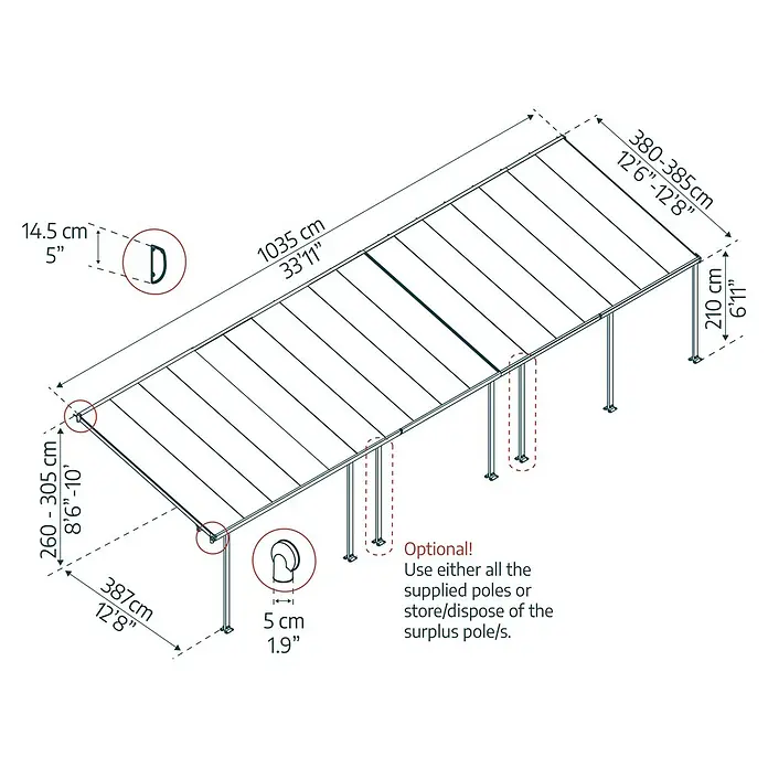 Solid Elements Terrassenüberdachung Martina - B x T: 1.031 x 400 cm, Verkehrsweiß, Polycarbonat, Transparent - Eine isometrische Darstellung eines Carports mit Abmessungen in Zentimetern und Zoll, einschließlich optionaler Pfosten.