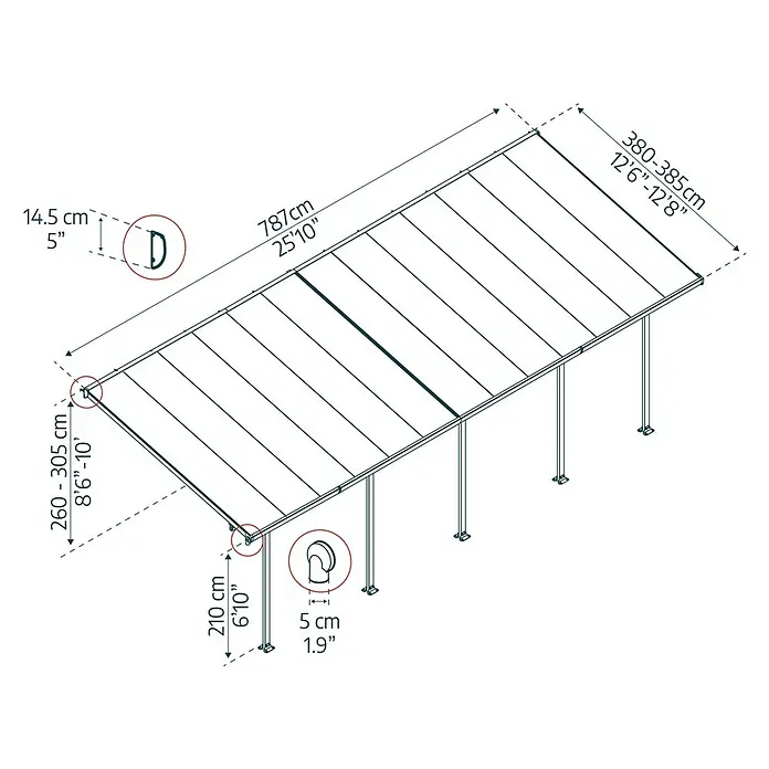 Solid Elements Terrassenüberdachung Martina - B x T: 787 x 400 cm, Anthrazitgrau, Polycarbonat, Transparent - Abbildung einer Terrassenüberdachung mit Maßangaben zu Höhe, Länge, Breite und Details für Montage und Planung.