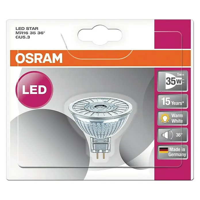 Osram LED-Lampe Pin G4 MR16 - GU5,3, Nicht Dimmbar, Warmweiß, 350 lm, 4,6 W - Verpackung einer OSRAM LED STAR MR16 35 36° GU5.3 Lampe, die eine Lebensdauer von 15 Jahren und warmweißes Licht bietet.