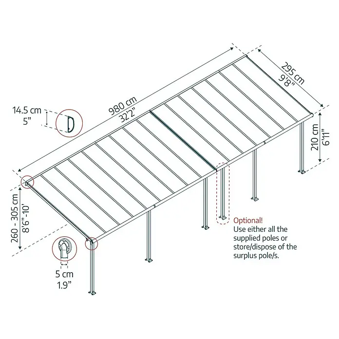 Palram – Canopia Terrassenüberdachung Olympia - B x T: 971 x 300 cm, Verkehrsweiß, Polycarbonat, Transparent - Abbildung einer Terrassenüberdachung mit Maßangaben zu Höhe, Breite und Länge in Zentimetern und Zoll.