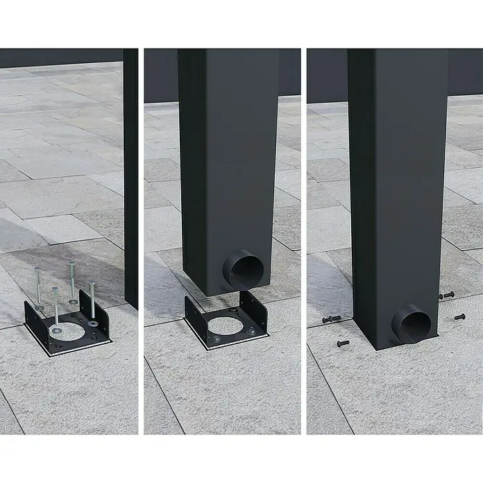 Palram – Canopia Terrassenüberdachung Stockholm - B x T: 515 x 340 cm, Anthrazitgrau, Polycarbonat - Illustration der Montage einer grauen Säule mit einer Halterung am Boden, inklusive Schrauben und Befestigungsmaterial.
