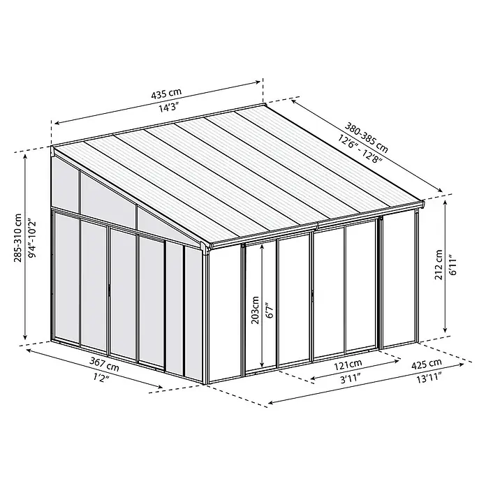 Palram – Canopia Wintergarten San Remo - B x T x H: 4,25 x 4 x 3,1 m, Anthrazitgrau - Eine detaillierte Schemazeichnung eines Wintergartens mit Maßangaben zu Höhe, Breite und Länge in Zentimetern und Zoll.