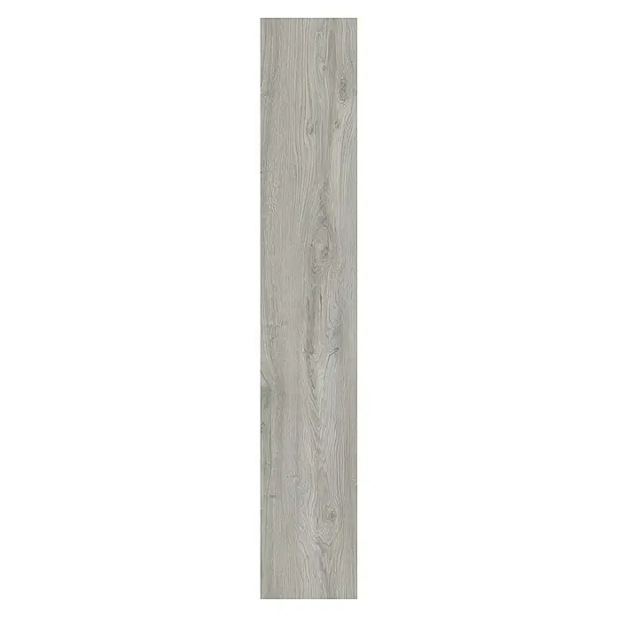 Suelo vinílico SPC Everest - 1.220 x 182 x 5,5 mm, Resistente al agua - Una imagen vertical de una sola lama de madera gris con vetas y textura notables, ideal para pavimentos o revestimientos de paredes.
