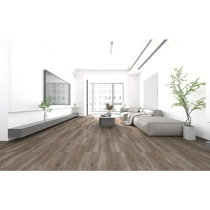 Suelo vinílico SPC Aneto - 1.222 x 182 x 1,5 mm, Marrón, Resistente al agua - Luminoso salón con suelos de parqué, sofá y pared de TV. El revestimiento del suelo es muy atractivo y aporta calidez a la estancia.