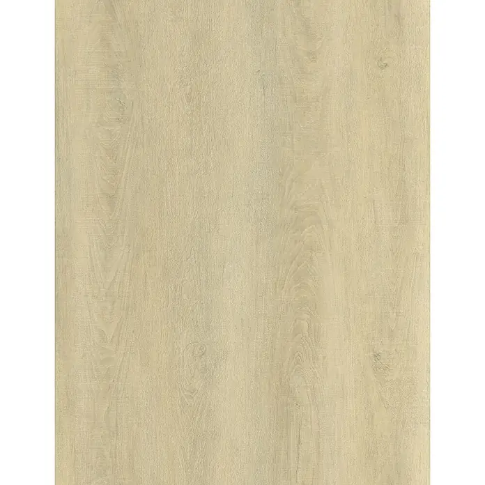 Suelo vinílico SPC Lucania - 1.220 x 182 x 5,5 mm, Beige, Resistente al agua - Primer plano de una superficie de madera clara con finos detalles de grano y sutiles variaciones de color que brindan una estética cálida y natural.