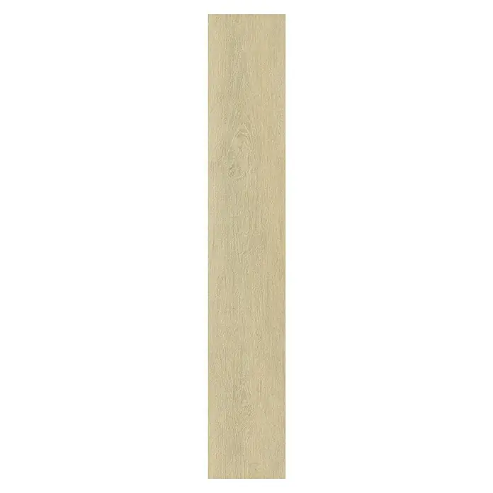 Suelo vinílico SPC Lucania - 1.220 x 182 x 5,5 mm, Beige, Resistente al agua - Un panel rectangular con una superficie de madera simulada en un tono claro y natural, ideal para diseños de interiores modernos.