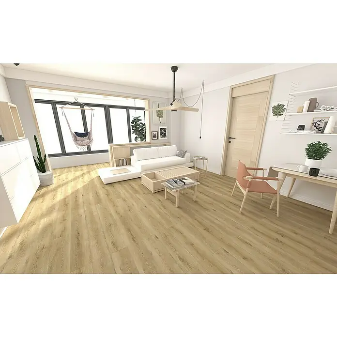 Suelo vinílico SPC Cervino - 1.222 x 182 x 1,5 mm, Marrón, Resistente al agua - Luminoso salón con sofá, mesa de centro y mesa de comedor. Un ventilador de techo garantiza la circulación del aire.